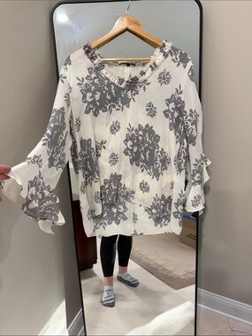 Kobi Halperin White Blouse with Gray Floral Print and Bell Sleeves